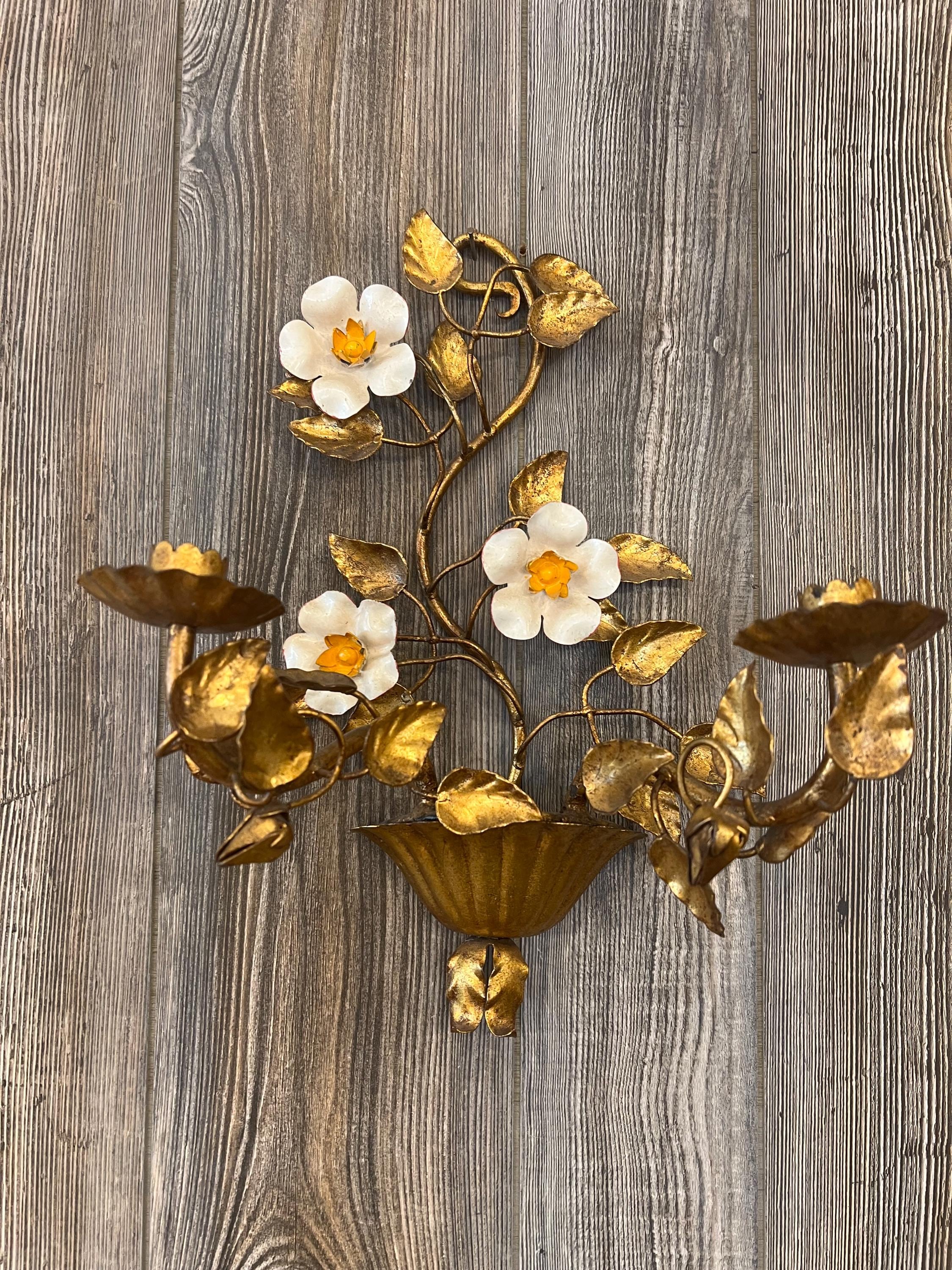 Italian Tole Metal Wall Sconce Twin Candle Holder, Gold Leaf