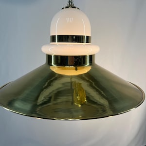 Vintage LAVERY Co. Brass And Opal Glass Hanging Pendant, Space Age Saucer Style