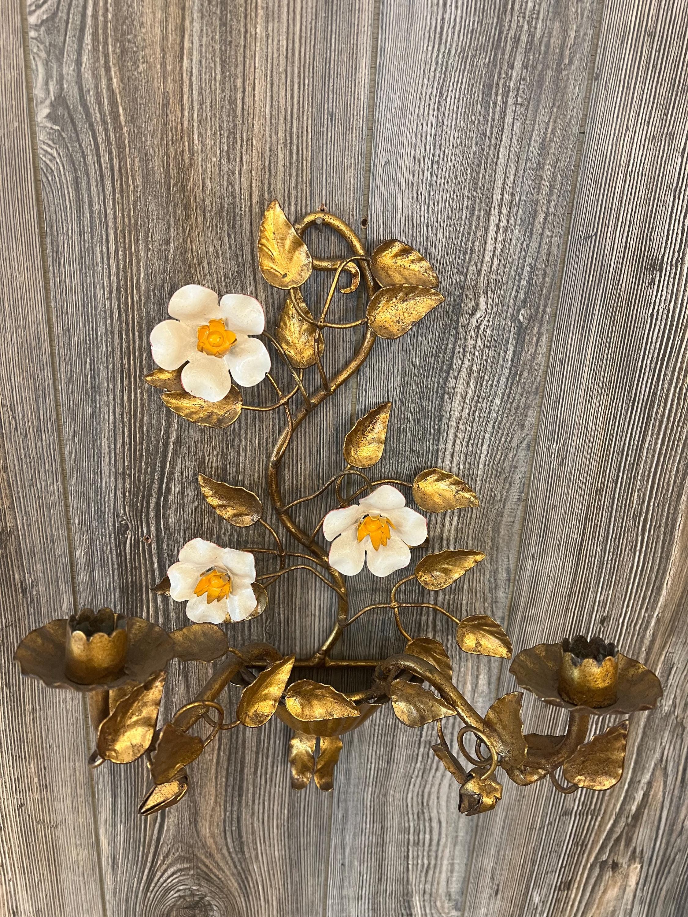 Italian Tole Metal Wall Sconce Twin Candle Holder, Gold Leaf