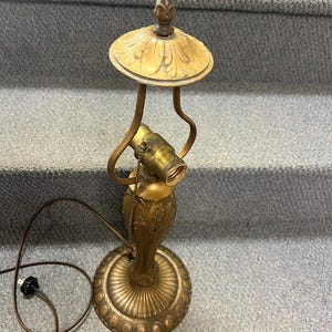 Antique Art Nouveau Styled Lamp Base for Slag Glass Shades, Cast Iron 1876 Molded into Base, Works Beautifully, Twin Sockets with pull-chain