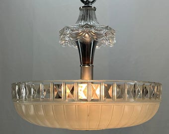 Art Deco Semi-Flush Pendant Fixture, Frosted Glass with Clear Accents, Chrome Hardware, 2 Bulbs, New Wiring, Vintage Fixture, 1930&#39;s