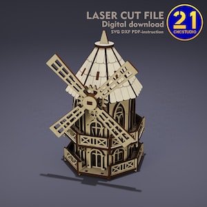Mini Windmill Plant Stake 3D Puzzle | Laser Cut File SVG DXF Download