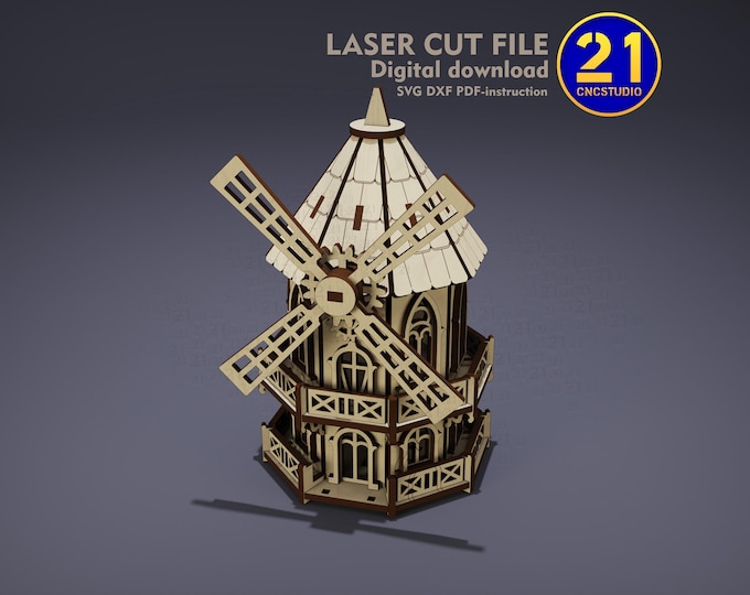 Mini Windmill Plant Stake 3D Puzzle | Laser Cut File SVG DXF Download