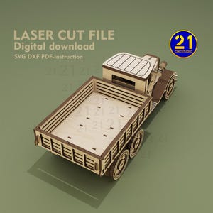 May include: A wooden model kit of a vintage truck with a flatbed. The model is made of laser-cut wood and comes with instructions for assembly. The truck is brown and has a white roof. The model is ready to be assembled and painted.