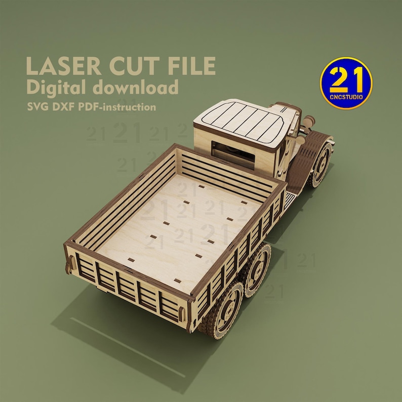 May include: A wooden model kit of a vintage truck with a flatbed. The model is made of laser-cut wood and comes with instructions for assembly. The truck is brown and has a white roof. The model is ready to be assembled and painted.