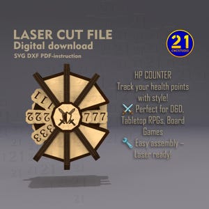 Może przedstawiać: Drewniany licznik HP wycięty laserowo z wzorem tarczy i mieczy. Licznik zawiera liczby 1, 2, 3 i 7. Tekst "HP COUNTER" jest widoczny na obrazku. Tekst "Track your health points with style!" jest widoczny na obrazku. Tekst "Perfect for D&D, Tabletop RPGs, Board Games" jest widoczny na obrazku. Tekst "Easy assembly - Laser ready!" jest widoczny na obrazku.