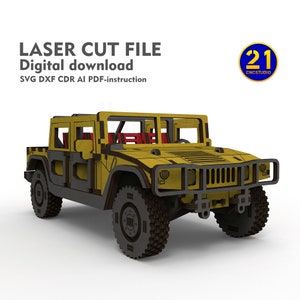 DIY SUV H1-model lasergesneden bestand - 1/24 militaire SUV dxf, svg, beweegbare wielen en opengaande deuren, 3 mm multiplex carkit