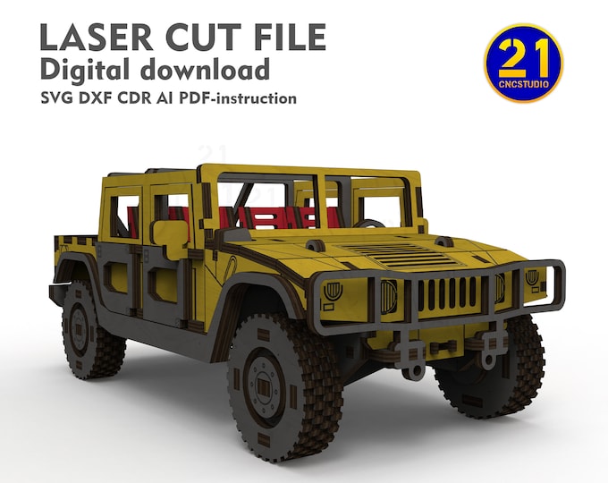 DIY SUV H1 Model Laser Cut File - 1/24 Scale Military SUV dxf, svg, Movable Wheels and Opening Doors, 3mm Plywood Car Kit