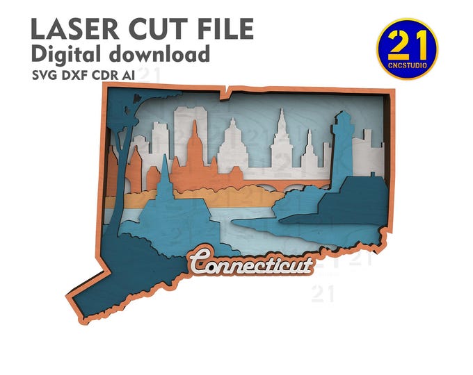 Connecticut 7-Layer SVG Laser Cut File | Multilayer 3D State Vignette | Glowforge Ready Digital Download