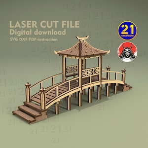 Azjatycki most z pagodą Plik do cięcia laserowego | Skala 28 mm-32 mm | Teren do gry RPG na stole | Wioska samurajów | Pobieranie cyfrowe SVG dxf PDF