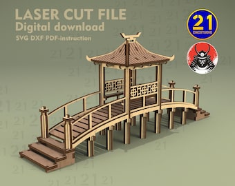 Asian Bridge with Pagoda Laser Cut File | 28mm-32mm Scale | Tabletop RPG Terrain | Samurai Village | Digital Download SVG dxf PDF