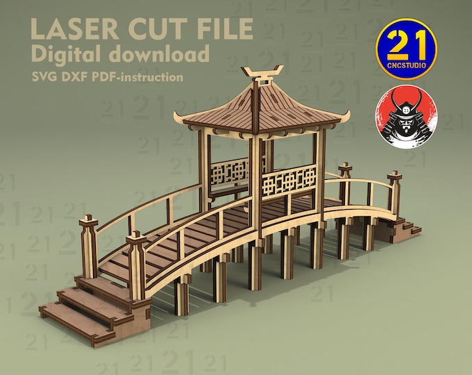 Asian Bridge with Pagoda Laser Cut File | 28mm-32mm Scale | Tabletop RPG Terrain | Samurai Village | Digital Download SVG dxf PDF