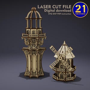 May include: Laser cut file digital download of a wooden lighthouse and windmill. The lighthouse is tall with an ornate design, and the windmill has a multi-level structure with rotating blades. The text "Laser Cut File" and "Digital download" are visible.