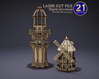 Lighthouse + Windmill Plant Stake Set | 3D Laser Cut Files SVG DXF | Digital Download