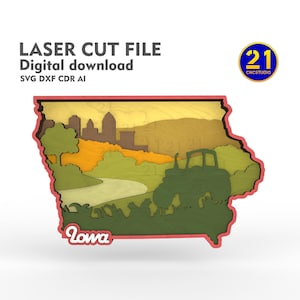 Fichier de découpe laser en couches 3D de l'Iowa - paysage agricole - SVG, téléchargement numérique DXF