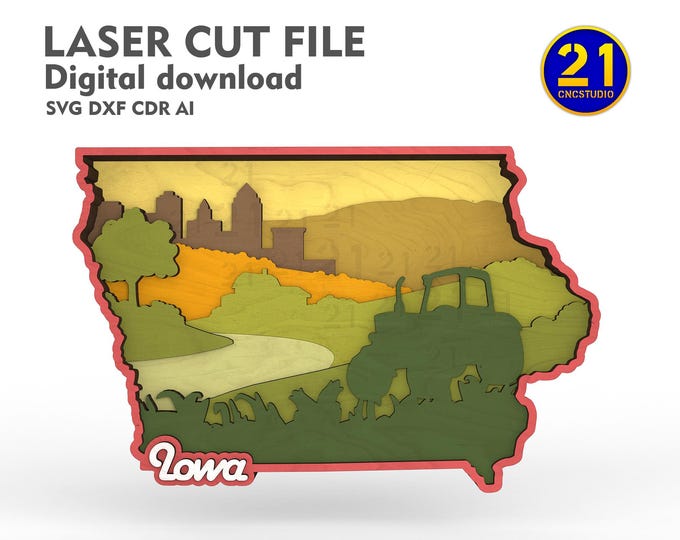 Iowa 3D Layered Laser Cut File - Farm Landscape - SVG, DXF Digital Download