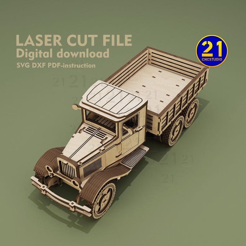 May include: A wooden model kit of a vintage truck with a flatbed. The model is unassembled and ready to be built. The kit includes instructions and all the necessary parts. The truck is made of laser-cut wood and has a detailed design. The model is perfect for hobbyists and collectors.