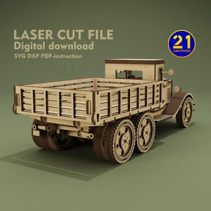 May include: A laser cut file digital download of a vintage wooden truck. The truck is brown and has a wooden bed. The file is available in SVG, DXF, and PDF formats. The image includes the text "LASER CUT FILE Digital download SVG DXF PDF-instruction" and a logo with the number "21" and the text "CNCSTUDIO".