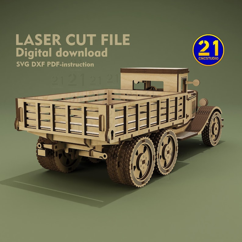 May include: A laser cut file digital download of a vintage wooden truck. The truck is brown and has a wooden bed. The file is available in SVG, DXF, and PDF formats. The image includes the text "LASER CUT FILE Digital download SVG DXF PDF-instruction" and a logo with the number "21" and the text "CNCSTUDIO".