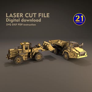Set di file tagliati al laser per attrezzature pesanti / Autocarro con cassone ribaltabile articolato + pala frontale / Veicoli da costruzione 3D SVG DXF / Modelli in scala 1:35