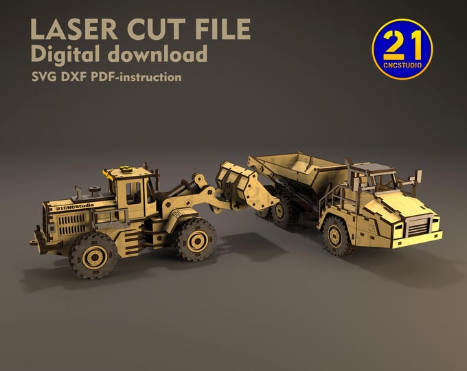 Heavy Equipment Laser Cut Files Set | Articulated Dump Truck + Front Loader | 3D Construction Vehicles SVG DXF | 1:35 Scale Models
