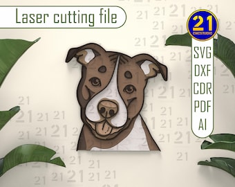 Pitbull Laser Cut File | Multilayer Dog Wall Art | American Staffordshire Terrier SVG DXF DIY