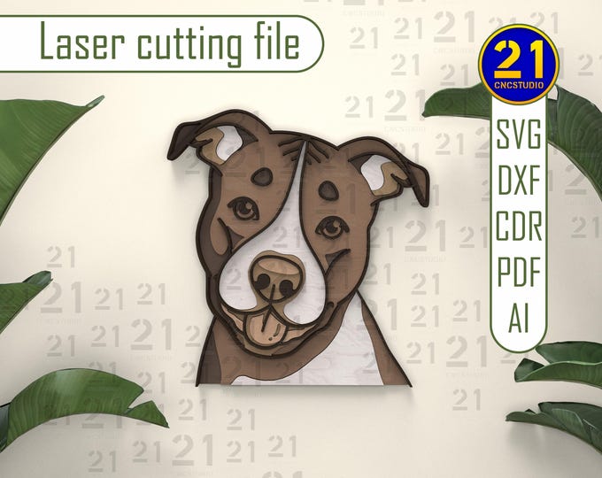 Pitbull Laser Cut File | Multilayer Dog Wall Art | American Staffordshire Terrier SVG DXF DIY