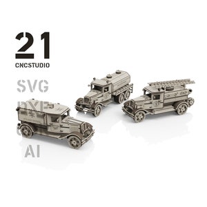 Conjunto clásico de camión de policía, camión de bomberos y cisterna de bomberos, coches de construcción de madera, archivo dxf, svg para corte láser