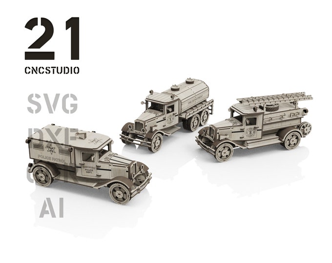 Classic Set Police truck, Fire truck and Fire cistern wooden constructor cars dxf, svg file for laser cut