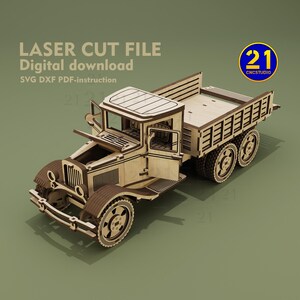 May include: A wooden model kit of a vintage truck with a flatbed. The truck is made of laser-cut wood and is ready to be assembled. The kit includes instructions and all the necessary parts. LASER CUT FILE Digital download SVG DXF PDF-instruction 21 CNCSTUDIO