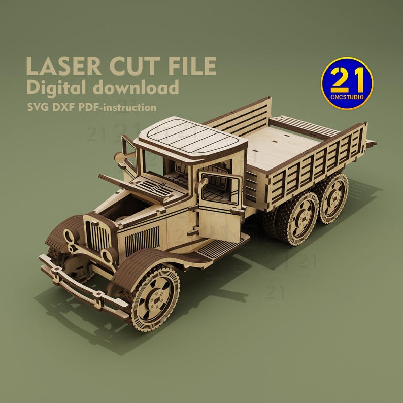 May include: A wooden model kit of a vintage truck with a flatbed. The truck is made of laser-cut wood and is ready to be assembled. The kit includes instructions and all the necessary parts. LASER CUT FILE Digital download SVG DXF PDF-instruction 21 CNCSTUDIO