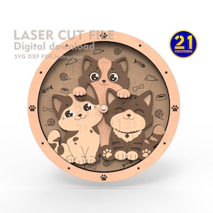 Uroczy zegar z wycinanym laserowo kotem | 3D warstwowy wzór kota z przewodnikiem po mechanizmie zegara | Pobieranie cyfrowe