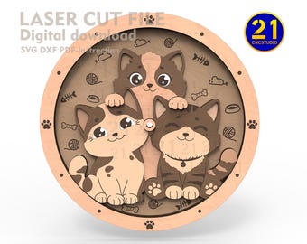 Cute Cat Laser Cut Clock | 3D Layered Cat Design with Clock Mechanism Guide | Digital Download