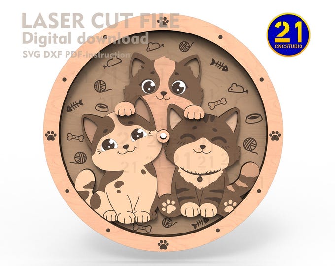 Cute Cat Laser Cut Clock | 3D Layered Cat Design with Clock Mechanism Guide | Digital Download