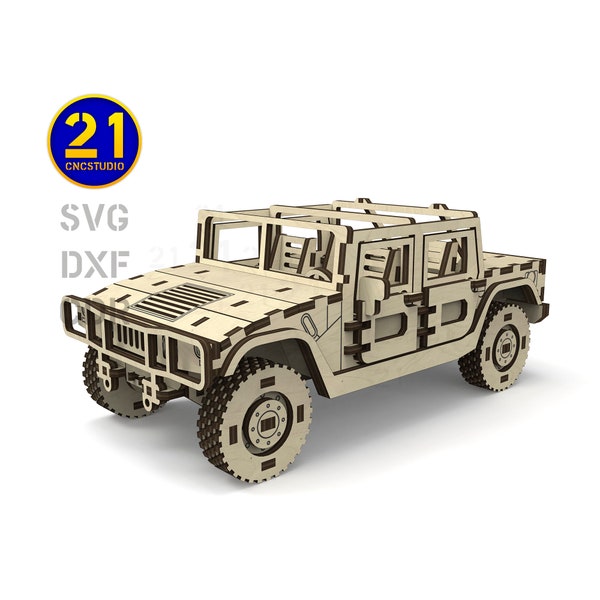 DIY SUV H1 Model Laser Cut File - 1/24 Scale Military SUV dxf, svg, Movable Wheels and Opening Doors, 3mm Plywood Car Kit