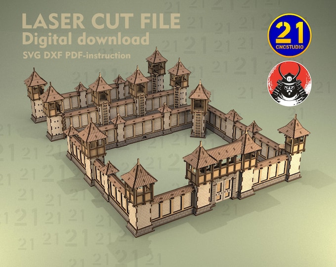 Samurai Fortress Modular Laser Cut File | 28mm Tabletop Terrain | SVG DXF Digital Download for Wargames & RPGs