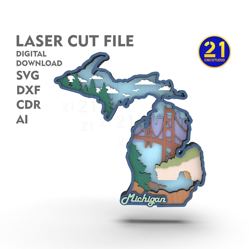 Michigan State Vignette Laser Cut Files | Multilayer SVG DXF | Digital ...