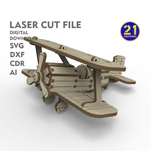 May include: Laser cut file for a wooden biplane model. The file includes SVG, DXF, CDR, and AI formats. The model is made of brown wood and has a propeller, wings, and a tail.