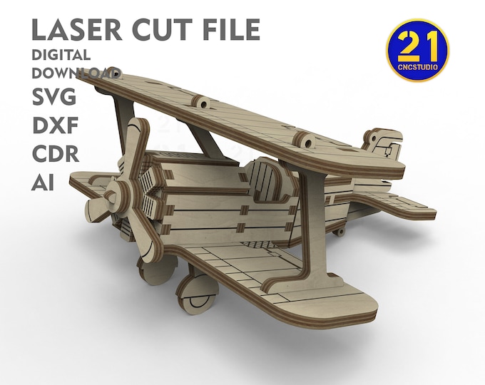 Vintage Biplane Laser Cut Model Kit for Kids - Digital Download SVG, DXF, CDR, ai Files