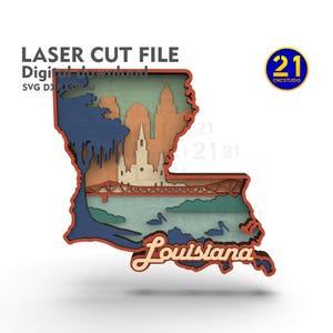 Puede incluir: Un recorte de madera multicapa del estado de Luisiana, con un paisaje urbano, un puente y la palabra "Louisiana" en cursiva. El diseño incluye tonos azules, naranjas y verdes, con el texto "LASER CUT FILE" en la parte superior.
