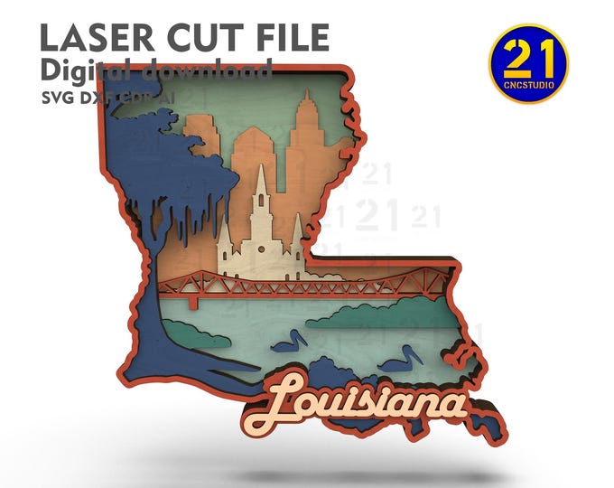 Louisiana 7-Layer SVG Laser Cut File | Multilayer 3D State | Glowforge Xtool Ready Digital Download