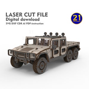 Laser Cut SUV H1 Pickup Model: 6-Wheel 3mm Plywood Car Kit (Digital Download)