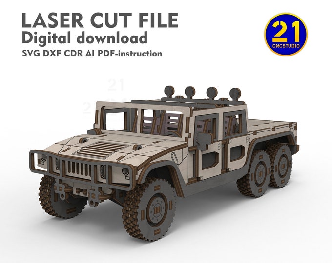 DIY SUV H1 Pickup 6 wheels Model Laser Cut File - 1/24 Scale Military SUV dxf, svg, Movable Wheels and Opening Doors, 3mm Plywood Car Kit