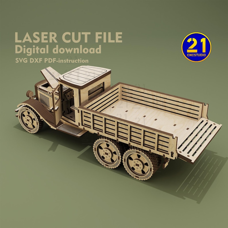May include: A wooden model kit of a vintage truck with a flatbed. The truck is brown and has a detailed design. The kit is for laser cutting and comes with instructions. The image includes the text "LASER CUT FILE Digital download SVG DXF PDF-instruction" and "21 CNCSTUDIO".