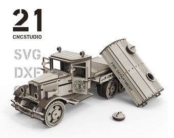 Classic fire tank truck wooden constructor car file dxf, svg, ai and cdr 3d puzzle file for laser cut