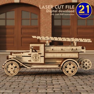 Vintage Fire Truck 3D Model: Laser Cut Wooden Puzzle (SVG DXF Digital Download)