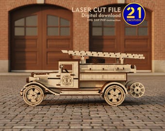 Vintage Fire Truck 3D Model: Laser Cut Wooden Puzzle (SVG DXF Digital Download)