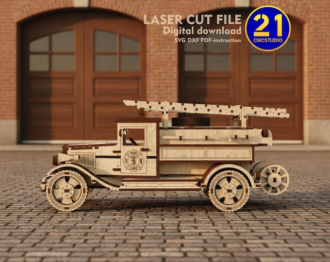 Vintage Fire Truck 3D Model: Laser Cut Wooden Puzzle (SVG DXF Digital Download)