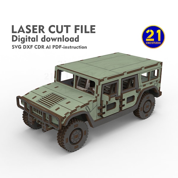 DIY Military SUV H1 Model Laser Cut File - 1/24 Scale dxf, svg, Movable Wheels and Opening Doors, 3mm Plywood Car Kit