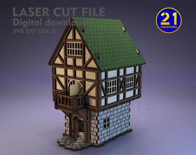 Medieval House - Model for Tabletop Games, scale for 26mm, 28mm and 32mm games, Laser Cut File SVG DXF 3mm and 1/8" plywood